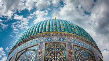 A blue dome with gold accents sits atop a building. The sky is cloudy, but the dome is still visible photo
