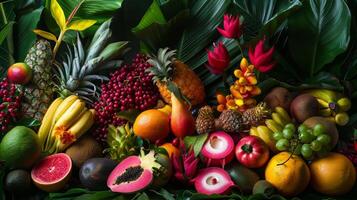 A colorful assortment of fruits and s, including bananas, oranges, and pears. Concept of abundance and freshness, with the vibrant colors of the produce creating a lively photo