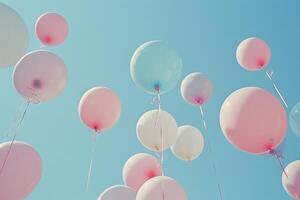 Pastel-colored balloons floating in a clear blue sky, creating a peaceful and serene scene photo