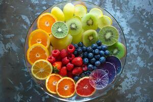 Rainbow-colored fruit slices transparently arranged in a bowl, creating a vibrant display photo