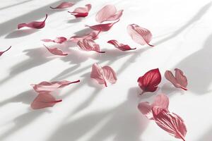 Pink flower petals scattered on a white surface. Concept of beauty and delicacy, as the petals are light and airy, and their colors are vibrant and eye-catching photo