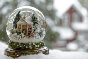 Whimsical Christmas snow globe on a soft transparent white backdrop, adding holiday whimsy photo