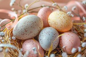 Pastel-colored Easter eggs arranged in a decorative basket with ribbon accents photo
