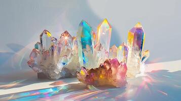 Prismatic crystal clusters casting colorful patterns of light against a pure white canvas photo
