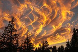 Wispy clouds illuminated by the setting sun, creating a warm and inviting atmosphere photo