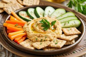 Plate of whole grain crackers with hummus and sliced vegetables, a nutritious and satisfying snack photo