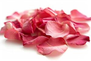 A pile of pink petals on a white background. The petals are scattered and appear to be from a flower photo