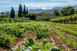 Organic farm with rows of vegetables and fruit trees, promoting pesticide-free agriculture photo