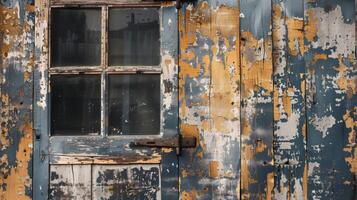 A window with a wooden frame and a door with a rusty lock. The door is in a building with a lot of peeling paint photo