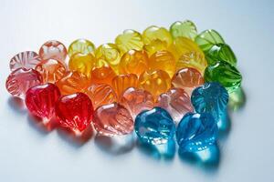 Rainbow-colored candies transparently arranged in the shape of a heart photo