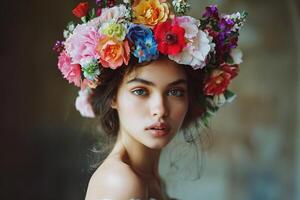 Rainbow-colored flower crown transparently worn by a model, adding charm photo