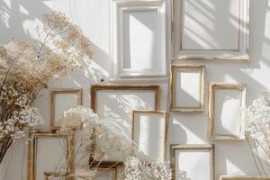 A wall of framed pictures with a white background. The pictures are all white and the frames are gold photo