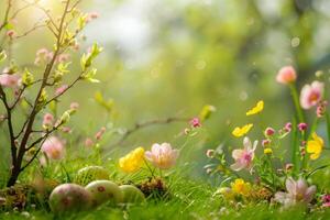 Springtime Easter scene with blooming flowers and budding trees photo