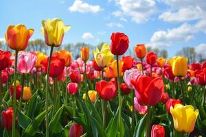 A vibrant field of tulips, with colorful blooms stretching to the horizon photo