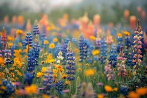 A vibrant field of wildflowers, with colorful blooms stretching as far as the eye can see photo