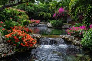 A tranquil garden oasis, with blooming flowers and tranquil water features photo