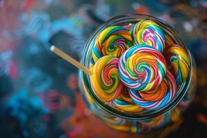 Rainbow-colored lollipops transparently arranged in a jar, inviting and delicious photo