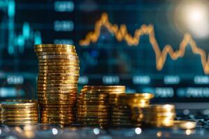 A stack of gold coins with a growth chart in the background, investment growth concept photo