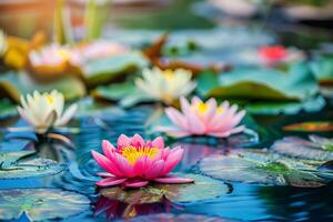 Tranquil pond with colorful lotus flowers blooming on the surface photo