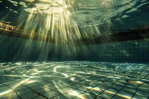 Sunlight streaming through the surface of a calm swimming pool photo