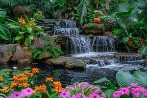 A lush garden oasis, with colorful flowers and tranquil water features photo