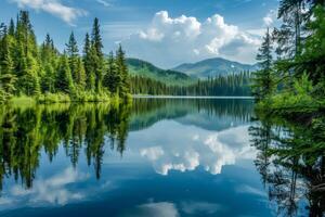 A peaceful lakeside view, with calm waters reflecting the surrounding trees and mountains photo