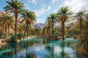 A tranquil desert oasis, with palm trees swaying in the breeze and a shimmering pool of water photo