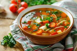 Bowl of homemade vegetable noodle soup with tofu and herbs, a comforting and nutritious meal option photo