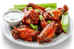 A plate of spicy buffalo chicken wings with celery and dip on a transparent white background photo