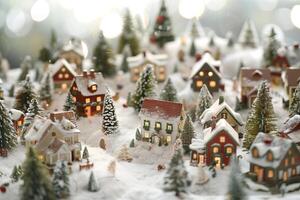 Snowy Christmas village on a soft transparent white surface, ideal for winter-themed compositions photo
