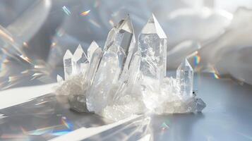 Brilliant crystal formations shining with brilliance and allure against a pristine white surface photo