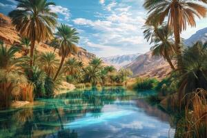 A tranquil desert oasis, with palm trees swaying in the breeze and a shimmering pool of water photo