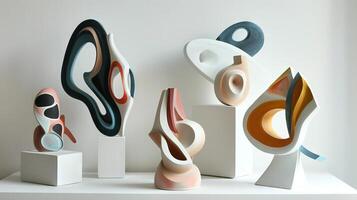Whimsical abstract sculptures floating against a clean white surface, adding a touch of whimsy to designs photo