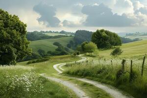 A peaceful countryside scene, with rolling hills and meandering country lanes photo
