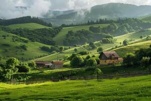 A serene countryside scene, with rolling hills and picturesque cottages photo