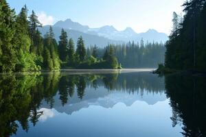 A peaceful lakeside view, with calm waters reflecting the surrounding trees and mountains photo