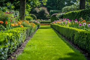 A peaceful garden scene, with blooming flowers and manicured hedges creating a sense of tranquility photo