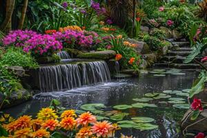 A lush garden oasis, with colorful flowers and tranquil water features photo