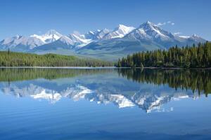 A peaceful mountain lake, with snow-capped peaks reflected in the calm waters photo