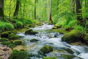 A peaceful woodland stream, with clear water bubbling over moss-covered rocks photo