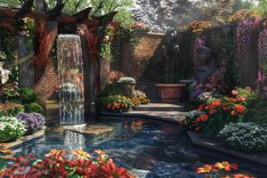 A tranquil garden oasis, with blooming flowers and tranquil water features photo