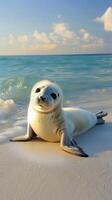 Chubby baby seals flopping awkwardly on sandy beaches, their clumsy movements endearing them to all who watch photo