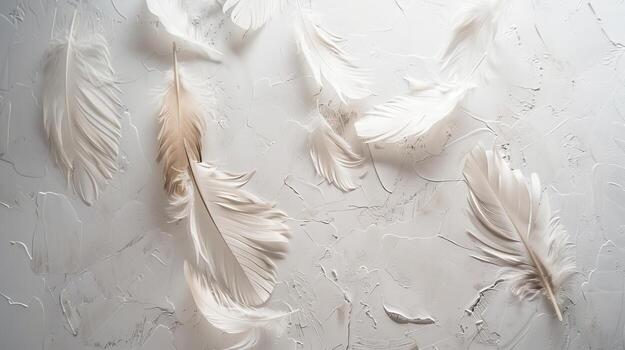 Ethereal boho feathers floating gracefully against a pristine white surface photo