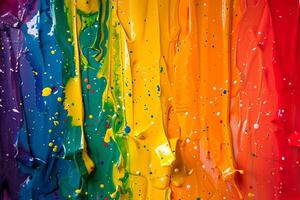 Rainbow-colored paint transparently splattered on a canvas photo