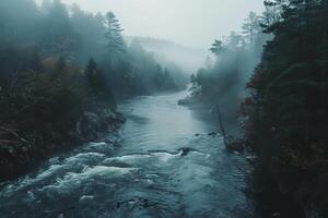 Serene river flowing through a misty forest on a foggy morning photo