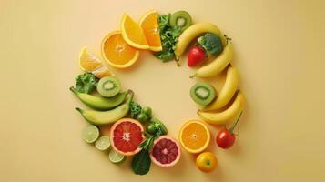 Conceptual image of spinning fruits and vegetables forming a wheel, symbolizing sustainability photo