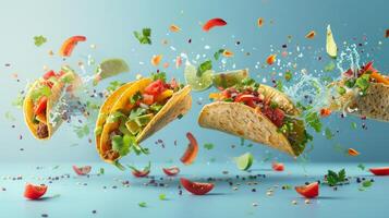 Dynamic layout featuring levitating taco ingredients and space for Mexican food promotions photo