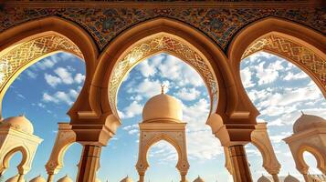 Ornate Islamic arches and domes against a blue sky background, representing Islamic architecture photo