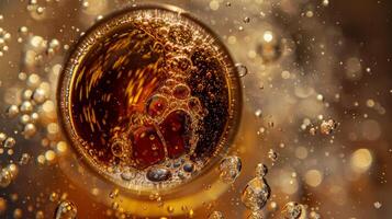 Overhead shot of a spinning glass of fizzy soda photo