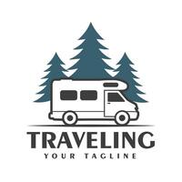 Traveling Logo Design with Camper Van and Pine Tree Icon vector